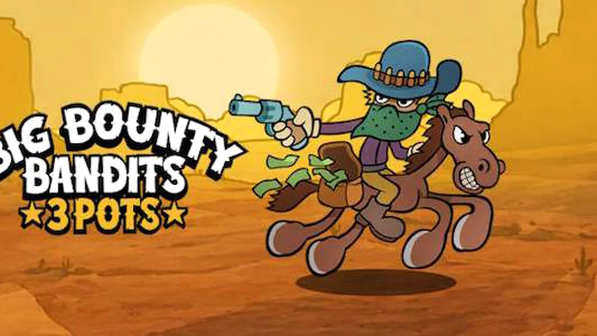 Cena vibrante de Big Bounty Bandits: 3 Pots com estilo cartunesco de Velho Oeste